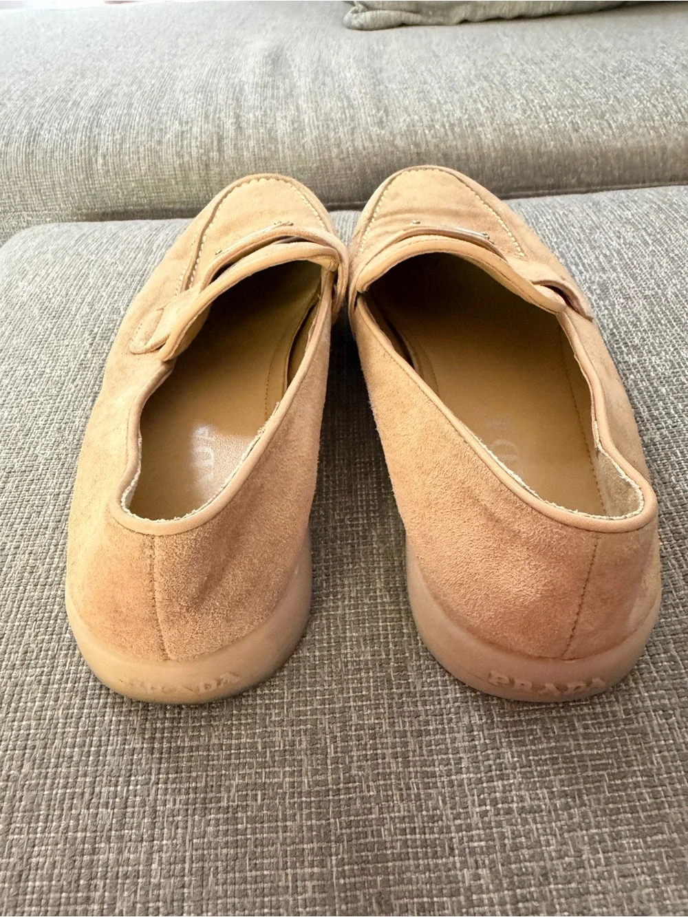Prada Ecru Suede Loafers Metal Logo $1100